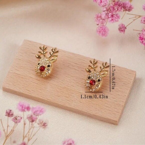 Rhinestone Reindeer Stud Earrings | Gold-Tone Deer Head Christmas Jewelry 🦌 - Picture 5 of 5